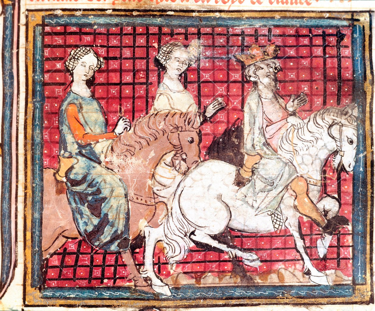 ملك الفرنجة تشيلبيريك الأول (543-597) وفريدغوند ، صورة مصغرة للخيول من "" Grandes Chronicles de France "1375-1379 مكتبة البلدية ، Castres بواسطة فنان غير معروف