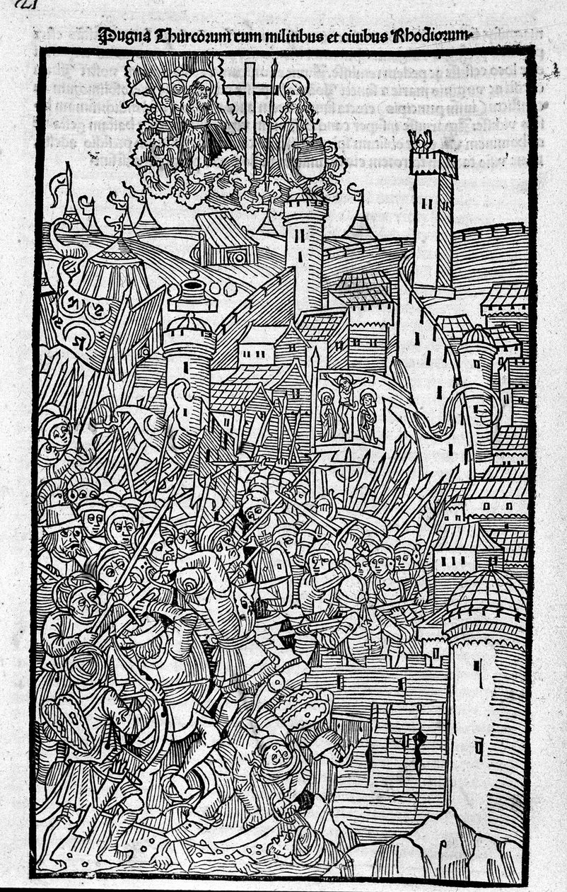 فرسان رودس (وسام فرسان القديس يوحنا القدس) يهاجمون رود آيلاند في "Rhodiorum Historia" بقلم Guilelmus Caorsin ، Ulmae ، Joh. Reger 24 أكتوبر بواسطة فنان غير معروف