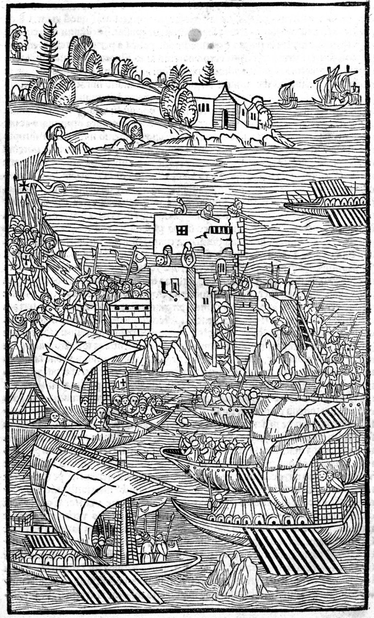 فرسان رودس (وسام فرسان القديس يوحنا القدس) يهاجمون رود آيلاند في "Rhodiorum Historia" بقلم Guilelmus Caorsin ، Ulmae ، Joh. Reger 24 أكتوبر بواسطة فنان غير معروف