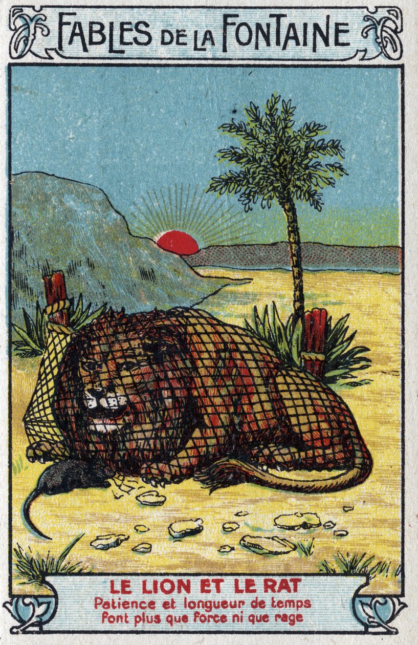 الأسد والجرذ - أساطير جان دي لافونتين (1621-95) - الطباعة الحجرية الملونة لنهاية القرن التاسع عشر المجموعة الخاصة بواسطة فنان غير معروف
