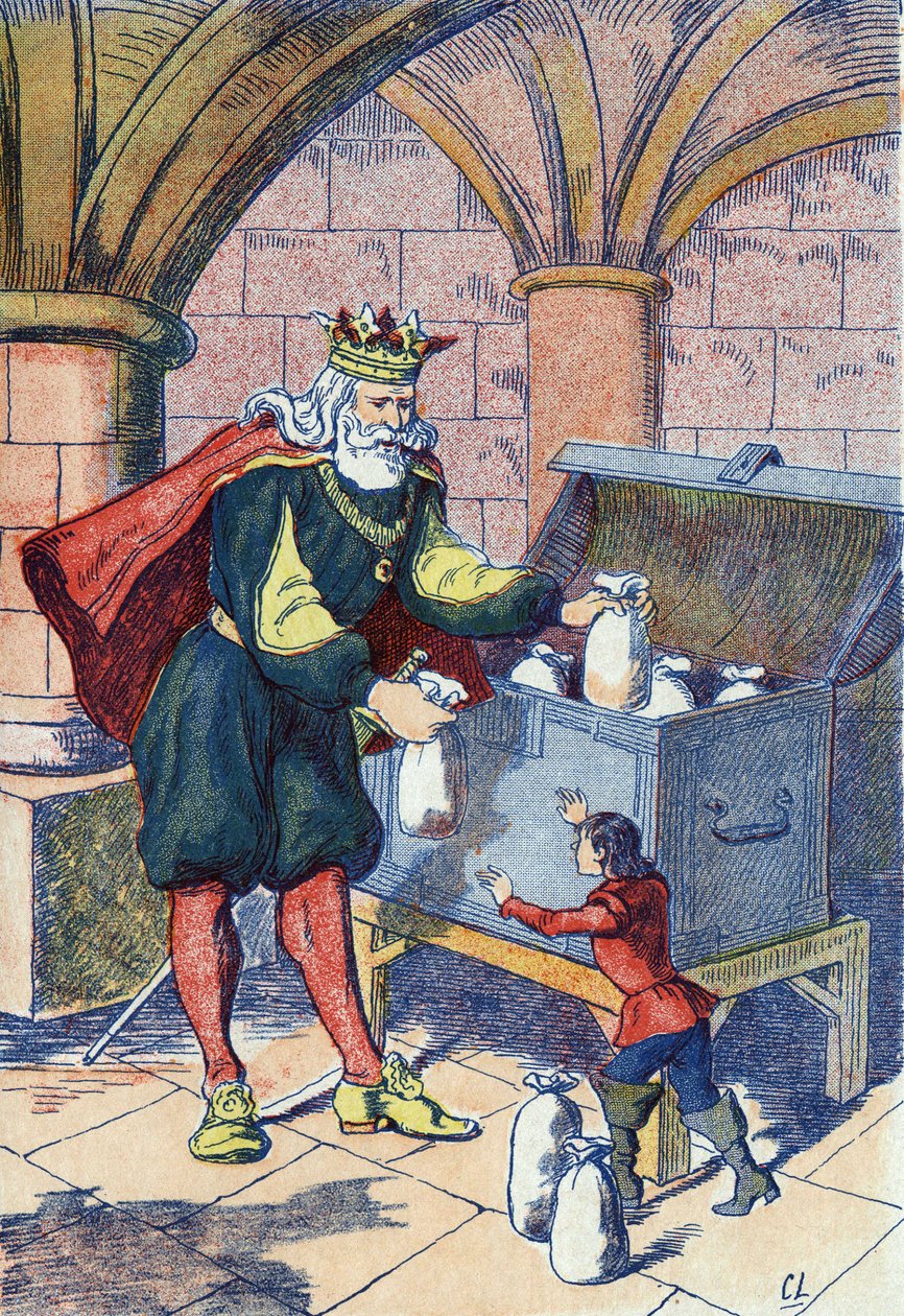 يعوض The Little Poulet من قبل الملك. رسم توضيحي لـ "Le Pepetit poucet" ، حكاية تشارلز بيرولت (1628-1703) ، الكاتب الفرنسي. توضيح مجهول. الصور مارسيل فاني ، جارفيل نانسي ، بدون تاريخ (أواخر القرن التاسع عشر). بواسطة فنان غير معروف