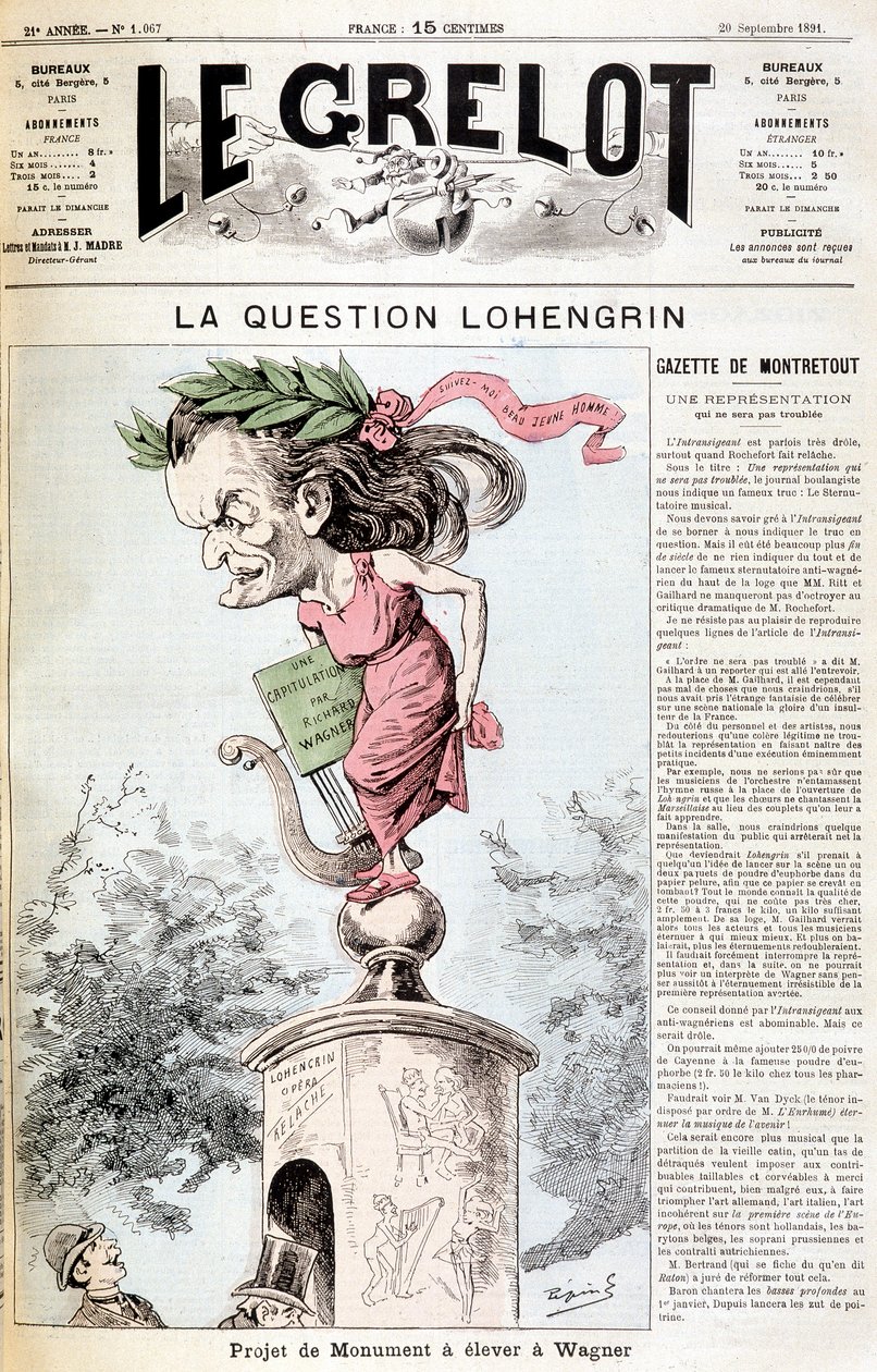 سؤال Lohengrin: سيتم رفع مشروع النصب التذكاري في Wagner - في "" Le Grelot "" في 20/09/1891 بواسطة فنان غير معروف