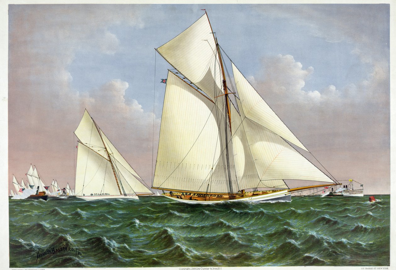 يتم الترحيب بـ Mayflower ، وهو مركب شراعي فاز بجائزة كأس أمريكا ، من قبل الأسطول في خليج نيويورك. 07/09/1886 طباعة حجرية من القرن التاسع عشر بواسطة فنان غير معروف