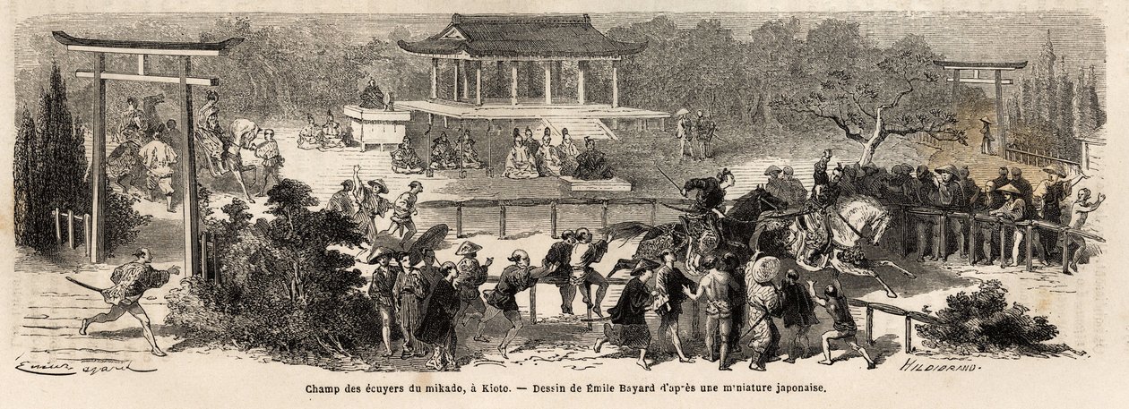 ميدان Mikado (إمبراطور اليابان) في Kioto (أو كيوتو) ، مسار تدريب وتدريب للخيول الإمبراطورية. نقش لتوضيح الرحلة إلى اليابان ، في ١٨٦٣-١٨٦٤ ، بقلم إيم همبرت ، وزير الاتحاد السويسري ، في "Le Tour du monde، nouveau بواسطة فنان غير معروف