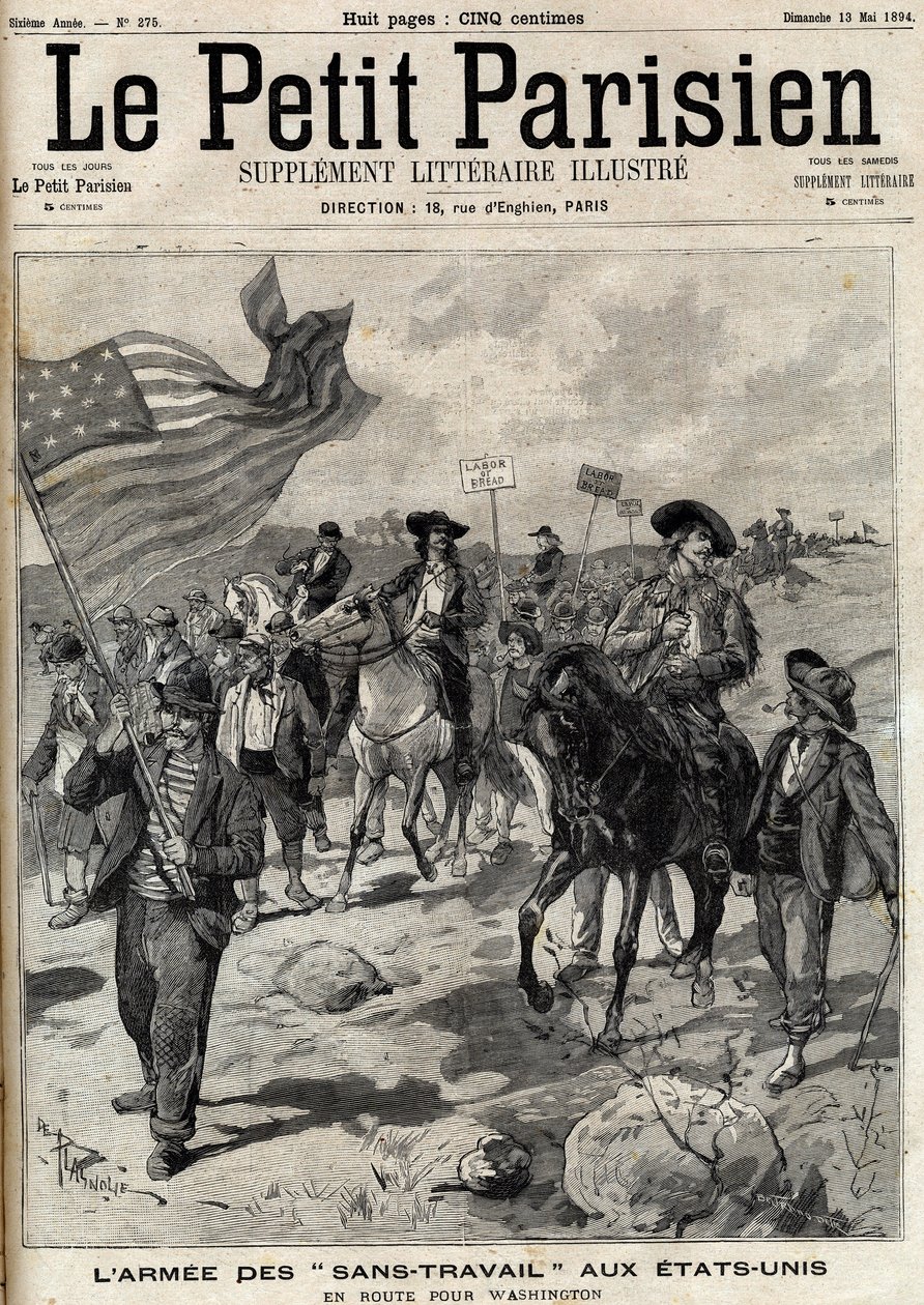 جيش "لا عمل" في الولايات المتحدة في طريقهم إلى واشنطن. في أبريل / نيسان ، وقعت إضرابات في بنسلفانيا وأوهايو ، وسار جيش من الرجال العاطلين عن العمل بقيادة جاكوب كوكسي إلى واشنطن للمطالبة بالعمل. نقش في "" Le Parisien "" بواسطة فنان غير معروف