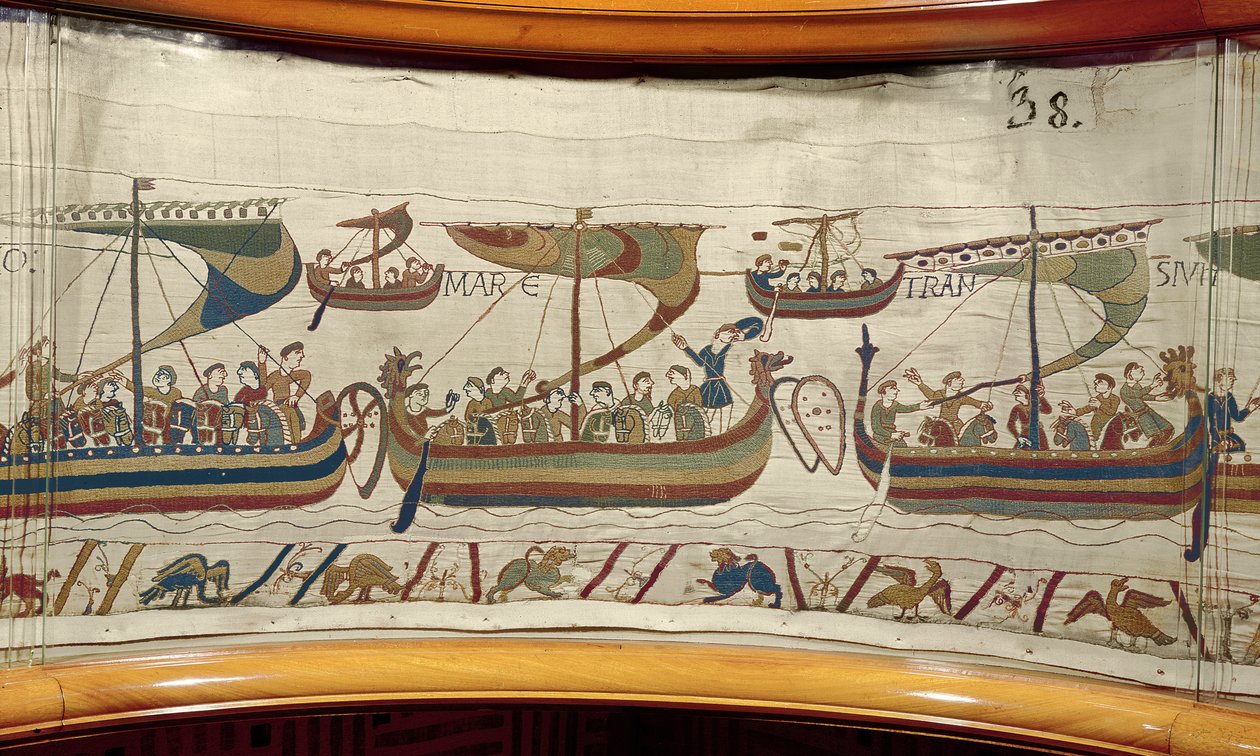 أسطول الغزو النورماندي يعبر القناة ، Bayeux Tapestry (تطريز صوف على الكتان) بواسطة فنان غير معروف