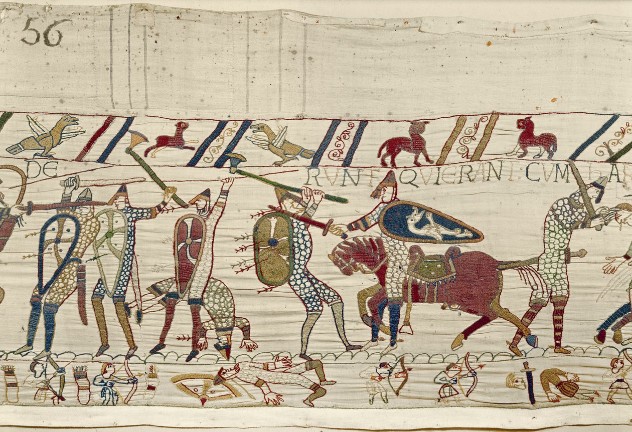 يقاتل النورمانديون ويقتلون أولئك الذين كانوا مع الملك هارولد ، Bayeux Tapestry (تطريز من الصوف على الكتان) بواسطة فنان غير معروف