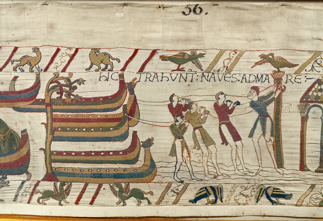 النورمانديون يسحبون سفنهم إلى البحر ، Bayeux Tapestry (تطريز من الصوف على الكتان) بواسطة فنان غير معروف