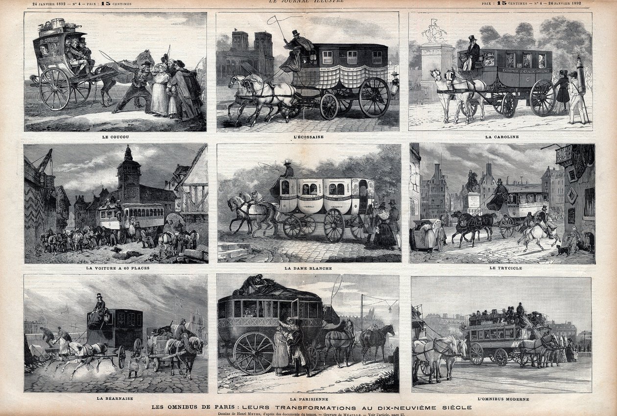 Omnibus of Paris: تحولاتهم في القرن التاسع عشر: الوقواق - الاسكتلندي - كارولينا - السيارة بها 60 مقعدًا - السيدة البيضاء - المثقبة - Bearnaise - الباريسي - الجامع الحديث بواسطة فنان غير معروف