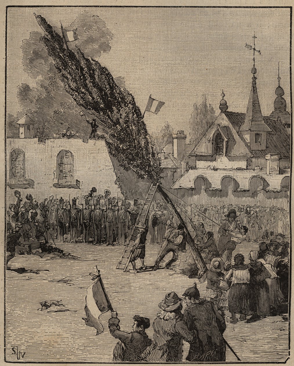 غرس شجرة ليبرتي أثناء الثورة (قطب الحرية) - غرس شجرة ليبرتي (حور) في فرنسا. نقش من عام 1885 في "" Les Arts et metiers Illustres "" لأدولف بيتارد. بواسطة فنان غير معروف