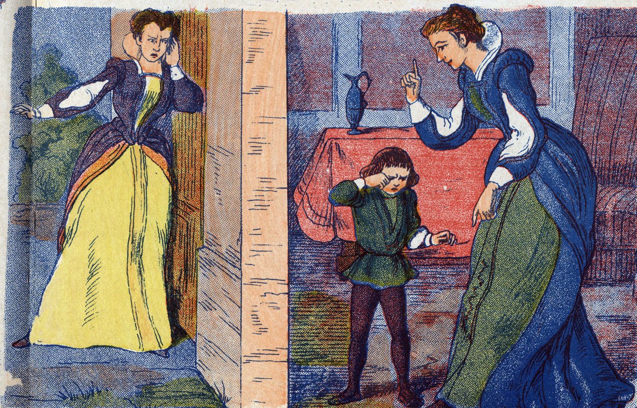 تكتشف الملكة الأم اعتزال الملكة وأطفالها. رسم توضيحي مجهول لـ "La belle au bois dormant" ، حكاية تشارلز بيرولت (1628-1703) ، الكاتب الفرنسي. الصور مارسيل فاني ، جارفيل نانسي ، بدون تاريخ (أواخر القرن التاسع عشر). بواسطة فنان غير معروف