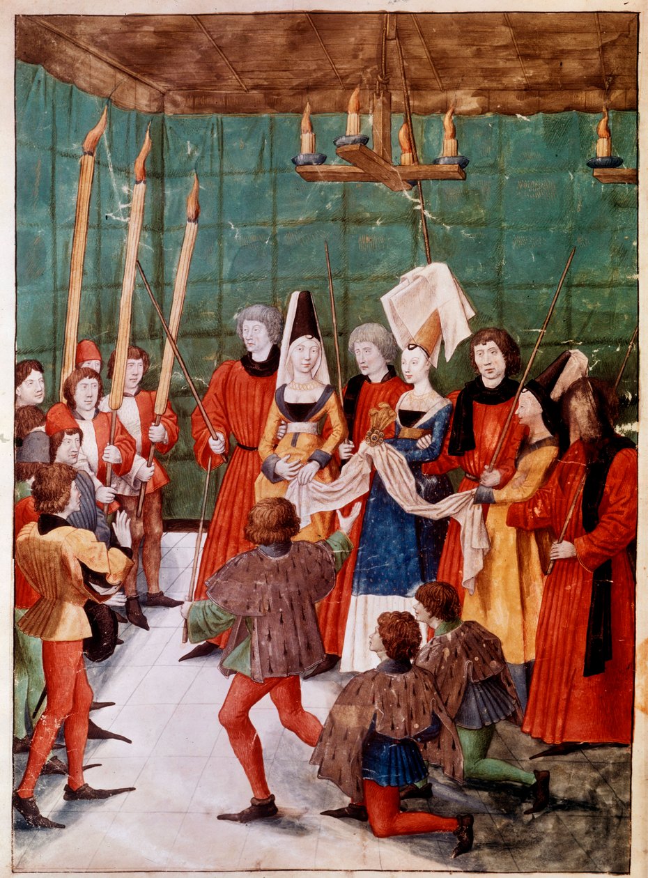 تقدم الملكة الجائزة للفائز في البطولة المصغرة من مخطوطة ms. 2695 "كتاب البطولات لرينيه دانجو" لسيد قلب الحب إبريس (بارتيليمي دي إيك) بواسطة فنان غير معروف