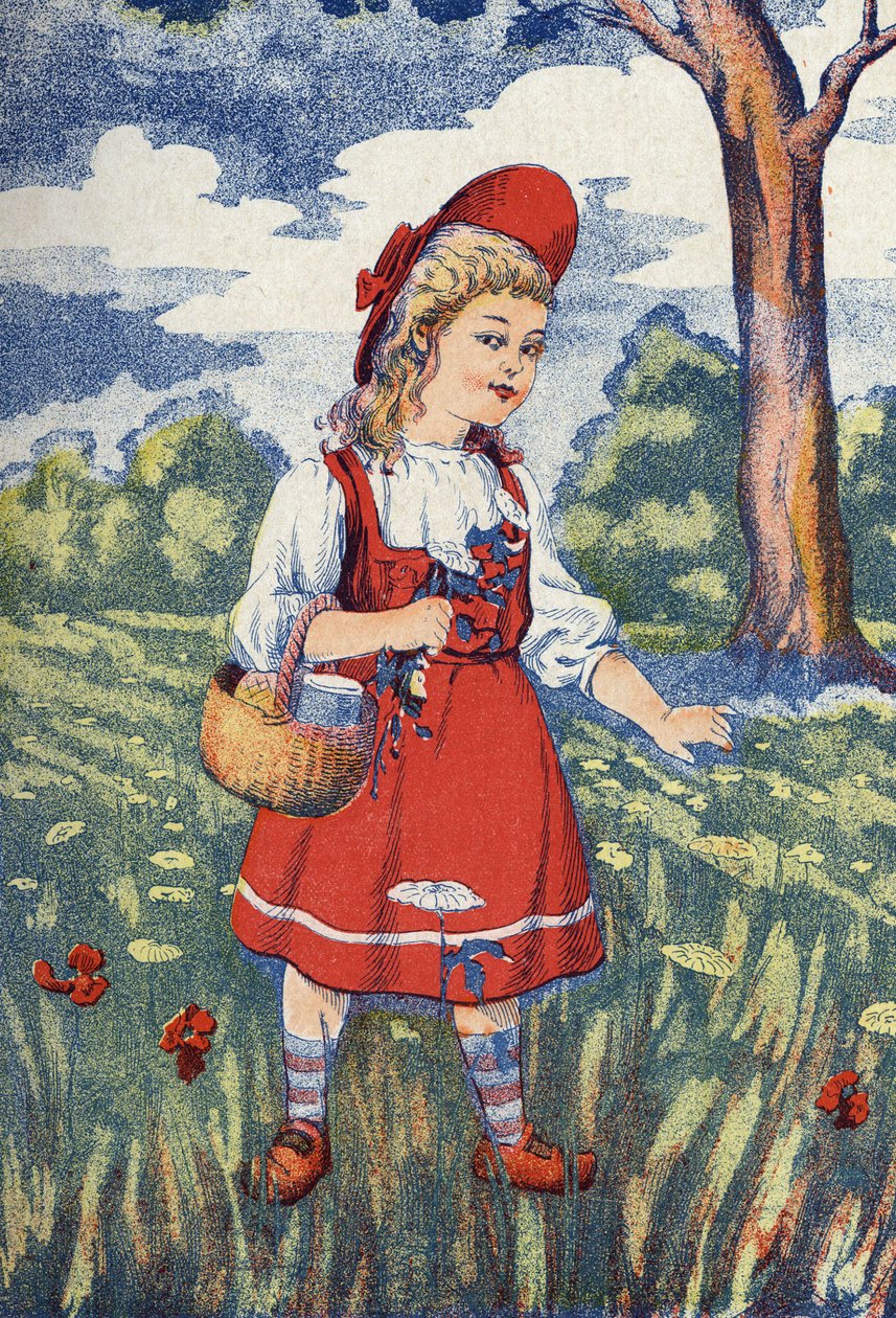 ذات الرداء الأحمر زهور. رسم توضيحي لـ "" The Little Red Riding Hood "، حكاية تشارلز بيرولت (1628-1703) ، الكاتب الفرنسي. توضيح مجهول. الصور مارسيل فاني ، جارفيل نانسي ، بدون تاريخ (أواخر القرن التاسع عشر). بواسطة فنان غير معروف