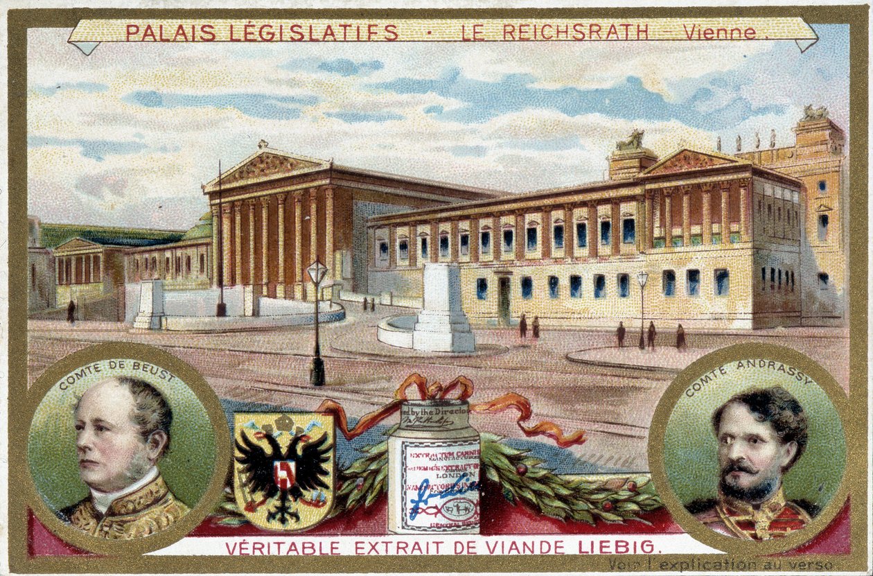قصر Reichsrath ، فيينا (النمسا) ، مع صور للكونت فريدريش فرديناند دي بيوست (1809-1886) والكونت جيولا أندراسي (1823-1890) - ليبيج للطباعة الحجرية الملونة بواسطة فنان غير معروف