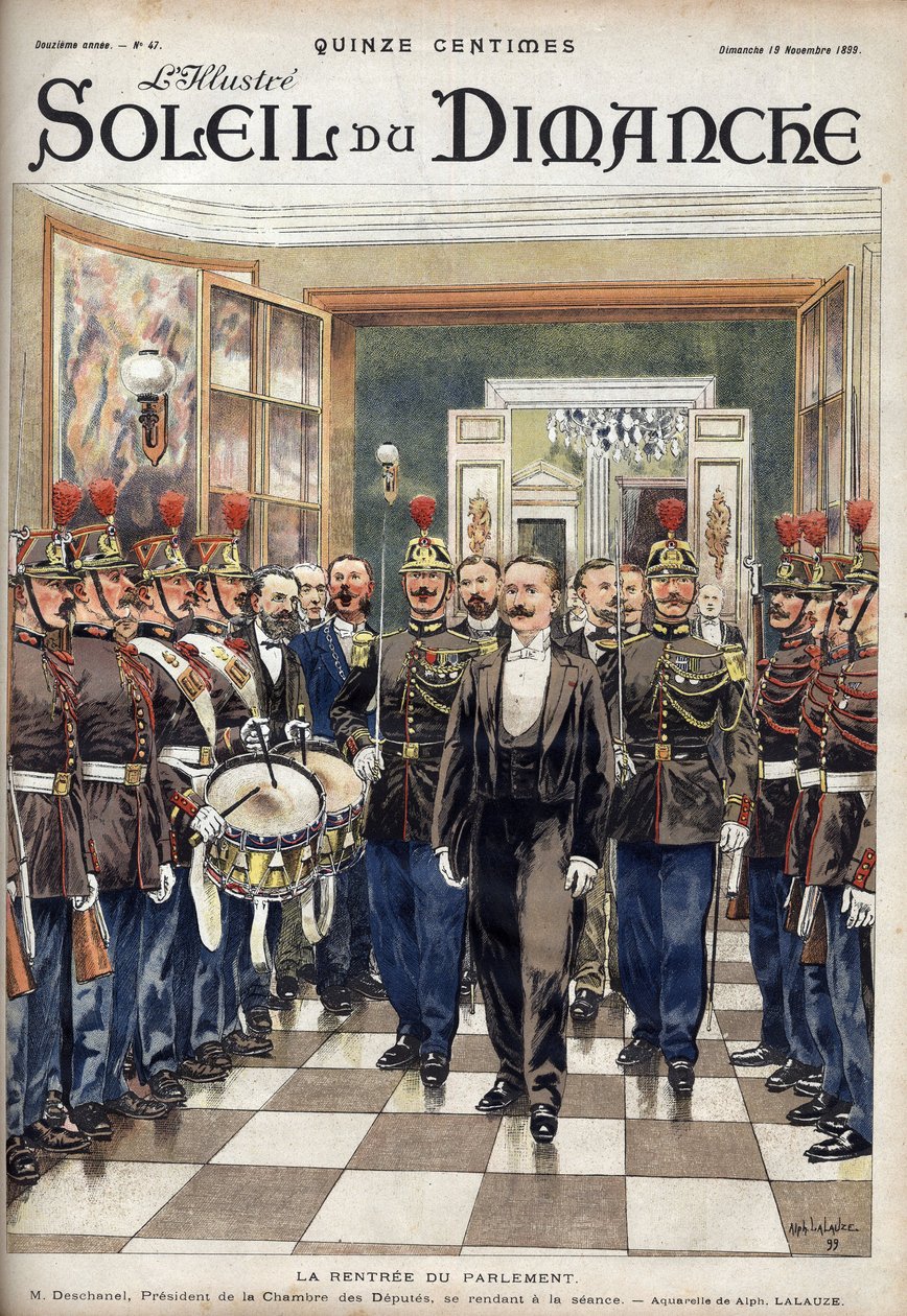 أجرة البرلمان ؛ حضر الجلسة السيد بول ديشانيل (1855-1922) رئيس مجلس النواب. نقش في "Le sun-du-dimanche" ، 19 نوفمبر بواسطة فنان غير معروف