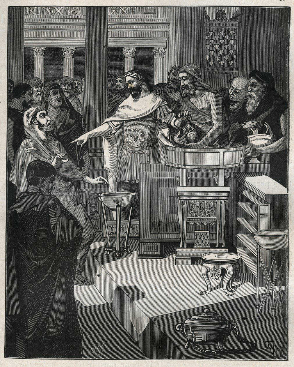 الإمبراطور الروماني كاليجولا (12-41) في بروكانتر في الرومان الغال. نقش من عام 1885 في "" Les Arts et metiers Illustres "" لأدولف بيتارد. بواسطة فنان غير معروف