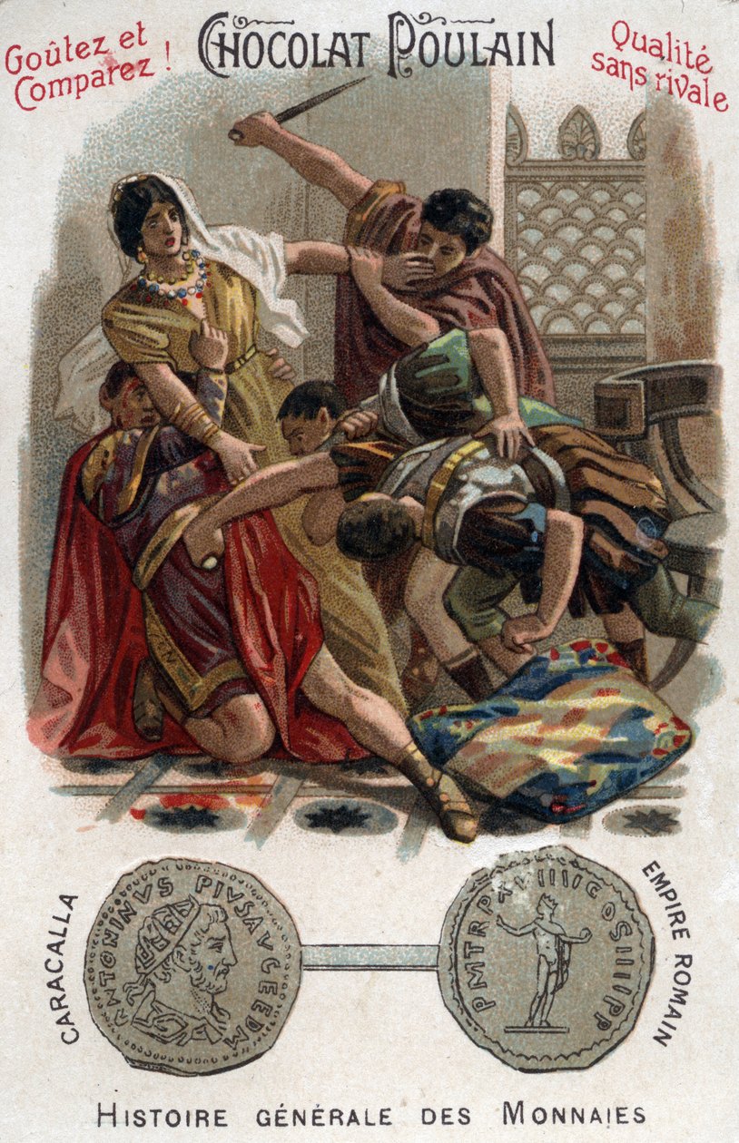 قتل الإمبراطور الروماني كركلا (188-217) شقيقه جيتا في أحضان والدته. في التاريخ العام للعملات المعدنية. الطباعة الحجرية الملونة بالشوكولاتة المهر في نهاية القرن التاسع عشر. مجموعة خاصة. بواسطة فنان غير معروف