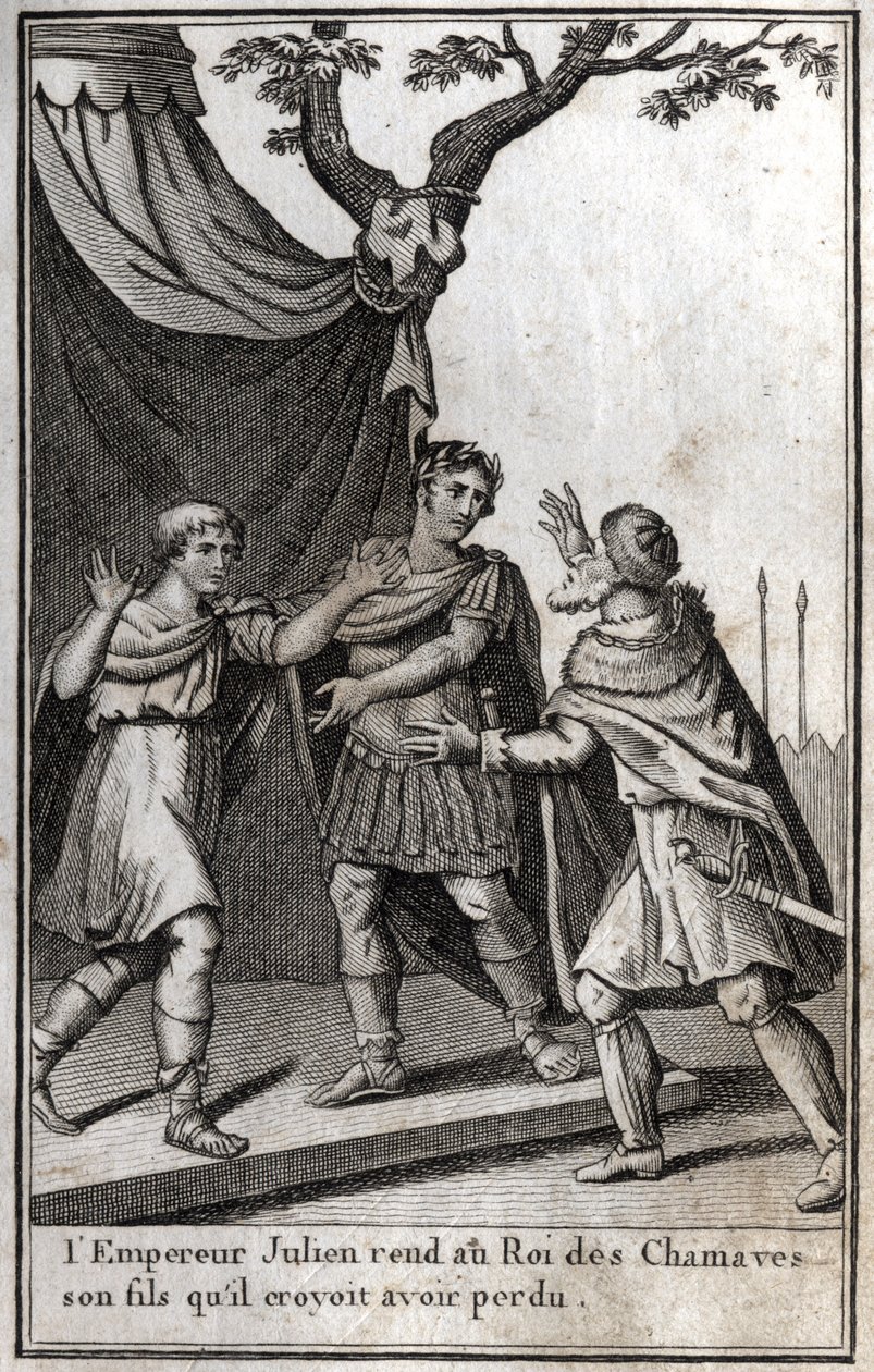 يعيد الإمبراطور الروماني جوليان (فلافيوس كلوديوس جوليانوس ، جوليان المرتد ، جوليان الفيلسوف ، جوليان الثاني) (332-363) إلى ملك الشعب الجرماني في الشمافس ابنه الذي اعتقد أنه فقده. القرن الرابع. نقش في "Beaute de l بواسطة فنان غير معروف