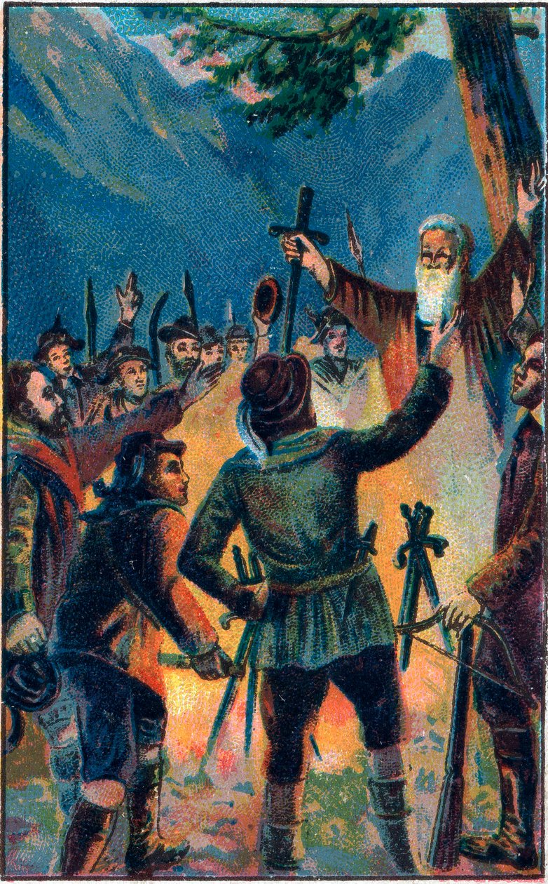Rutlischwur (قسم Rutli) - القسم الأسطوري للكونفدرالية السويسرية القديمة - الاتحاد السويسري الثلاثة يقسم الولاء لـ Ruetli - Le Oath du Grutli (Rutlischwur) (Patto del Grutli) أسس أسطورة سويسرا في 1307 Chromolithography of the end بواسطة فنان غير معروف