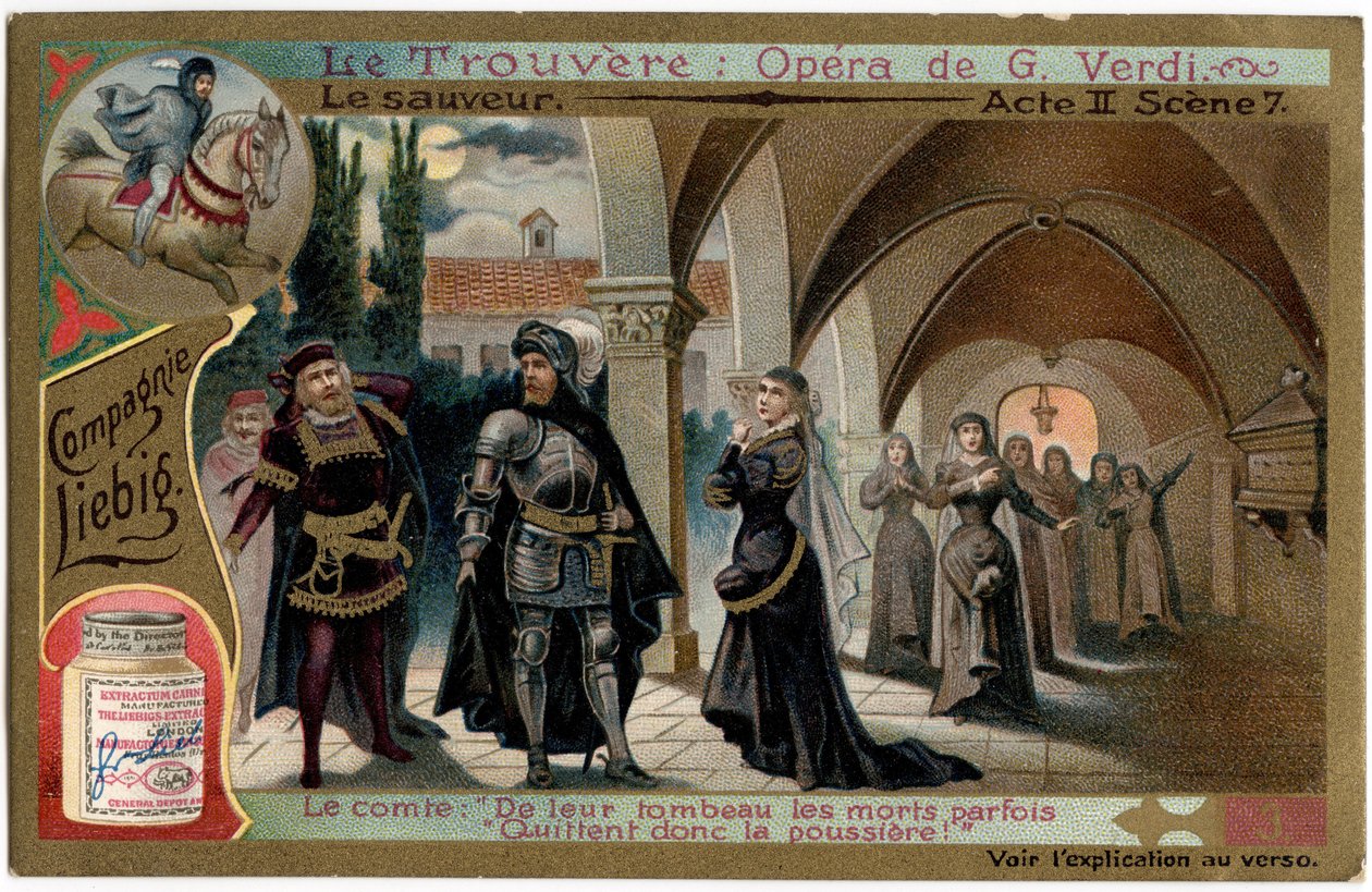 مشهد الفصل الثاني الحفظ 7. رسم توضيحي لأوبرا "The Find" (Il trovatore) لجوزيبي فيردي (1813-1901). Chromolithography (Chromo) Liebig من نهاية القرن التاسع عشر. بواسطة فنان غير معروف