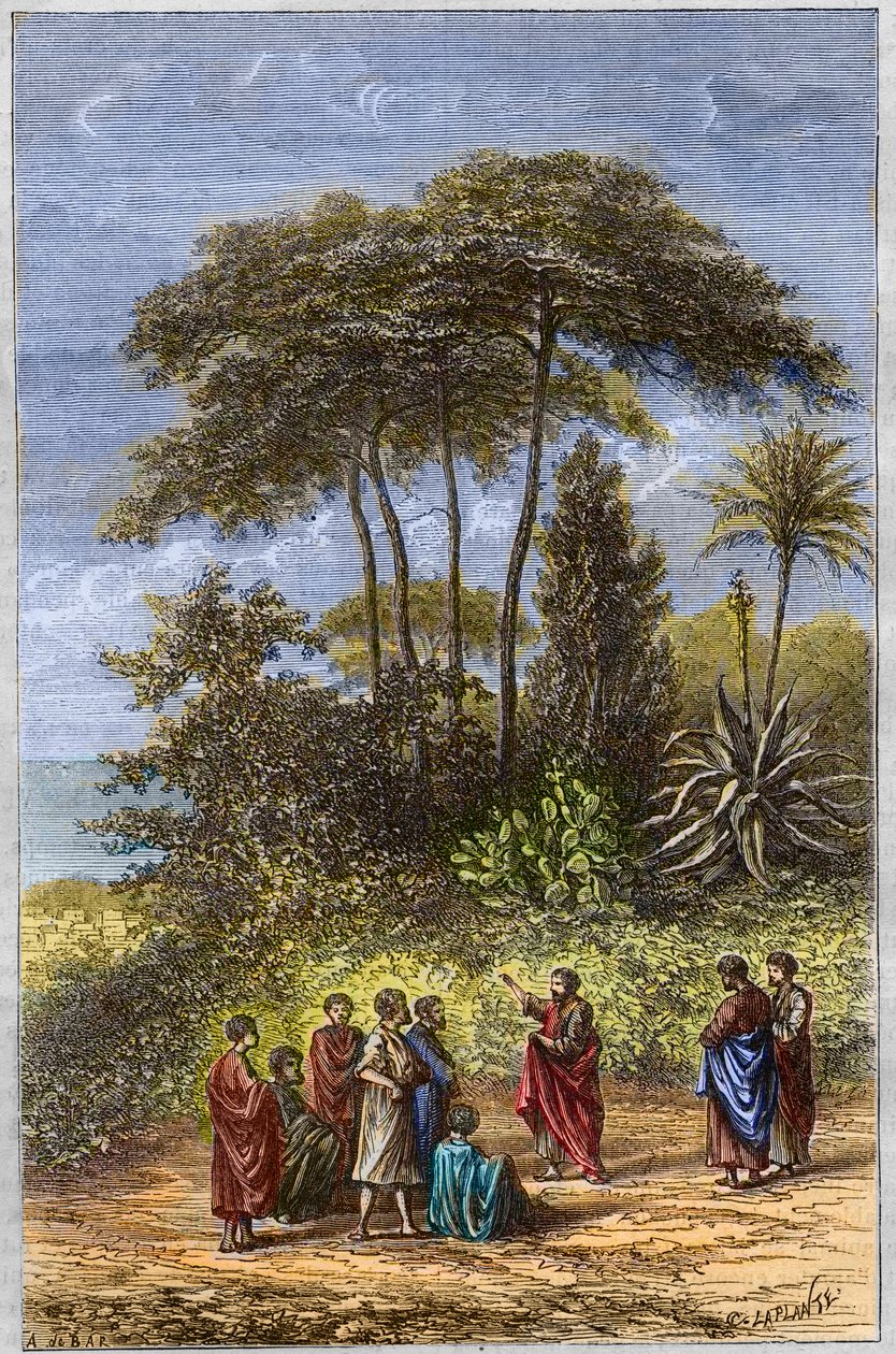 مدرسة فيثاغورس - فيثاغورس بين تلاميذه في كروتونا - نقش 1879 - الفيلسوف فيثاغورس وتلاميذه تحت تظليل كروتوني ، نقش عام 1879 بواسطة فنان غير معروف