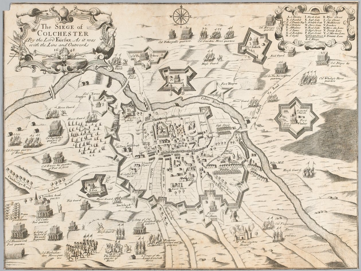 حصار كولشيستر من قبل اللورد فيرفاكس ، كما كان مع الخط والأوتوركس 1648 (نقش) بواسطة فنان غير معروف