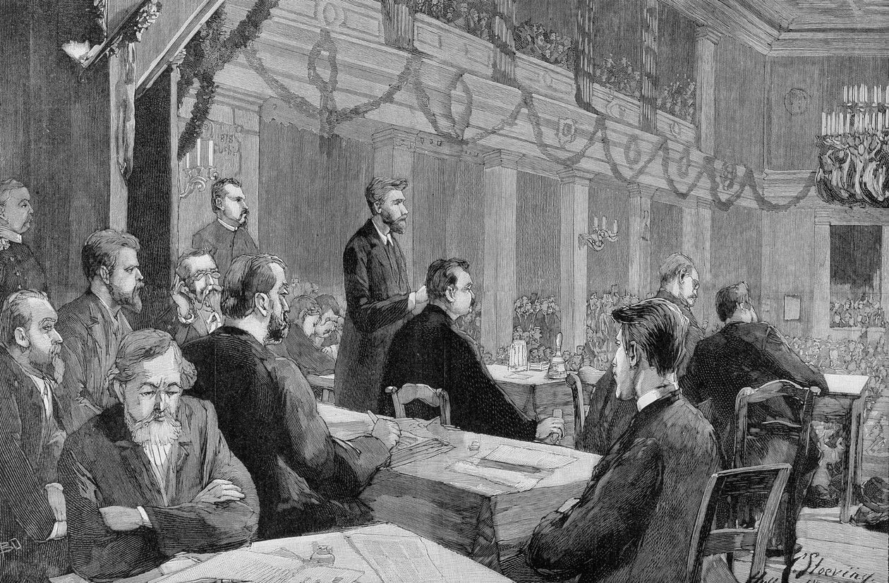 المؤتمر الاشتراكي لهالي (ساكسونيا) عام 1890 بحضور أوغست بيبل ، نقش عام 1890. بواسطة فنان غير معروف