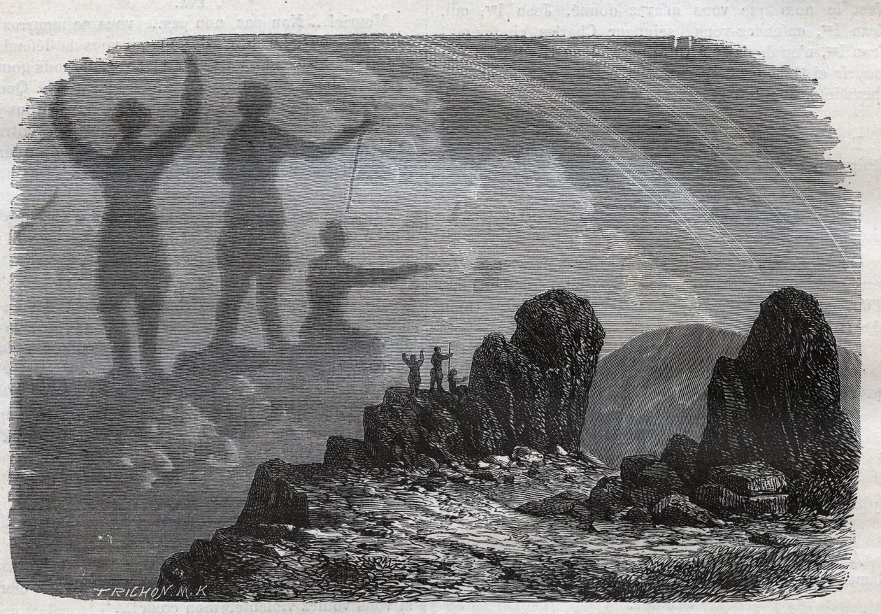 شبح Brocken في جبال Harz - طيف Brocken أو طيف Brocken - نقش من عام 1877 بواسطة فنان غير معروف
