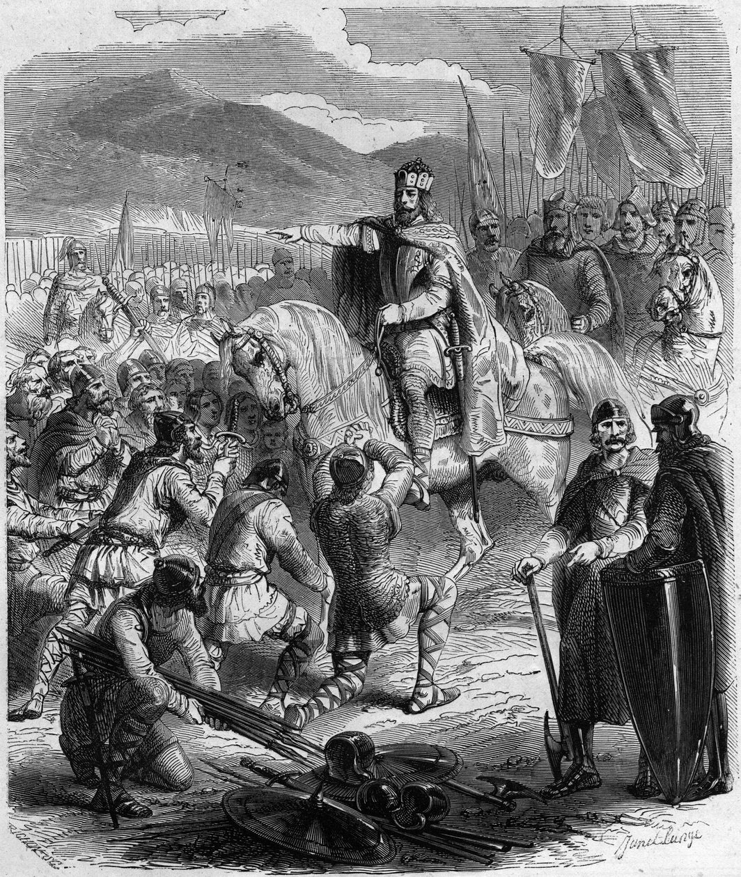 تقديم الساكسونيين عام 785 - تاريخ بلاد الغال في العصور الوسطى: ساكسون جرمانيا راكعين أمام الملك شارلمان (742 - 814) الفائز في الحروب - نقش في "هيستوار دو فرانس إن مائة لوحة لبول ليوجور" 1891 بواسطة فنان غير معروف