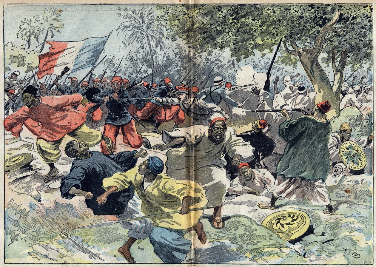 وضعت القوات السودانية من ساموري توري (حوالي 1835-1900) خلف ضفاف نهر كافالبي من قبل مستعمرة فرنسية تحت قيادة الملازم والفيل. السودان ، ٩ سبتمبر ١٨٩٨. رسم توضيحي في "" Le Pelerin "في ٩ أكتوبر بواسطة فنان غير معروف