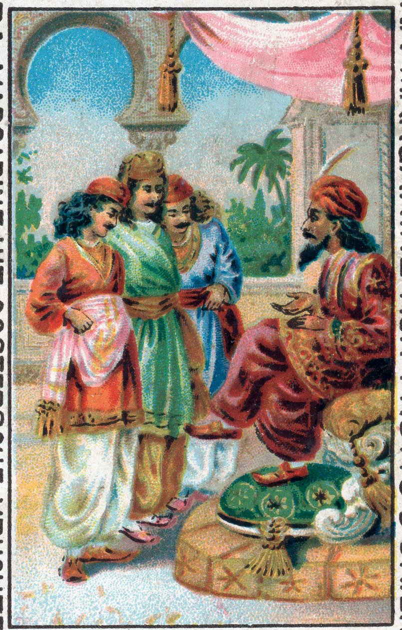 السلطان وأبناؤه. تاريخ الأمير أحمد ورسوم Paris-Banou (Pari Banou) (Paribanu). حكاية 1001 ليلة (حكايات الألف ليلة وليلة). الطباعة الحجرية الملونة في أواخر القرن التاسع عشر. بواسطة فنان غير معروف