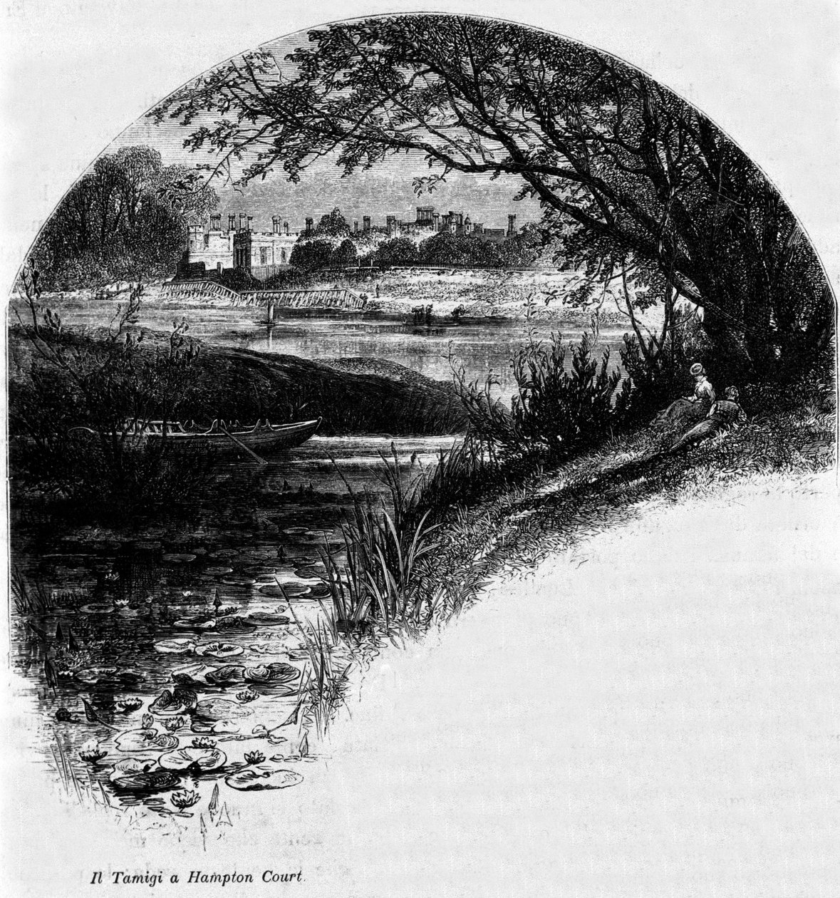 The Thames at Hampton Court: قصر هامبتون كورت ، المقر السابق للملك هنري الثامن ملك إنجلترا. نقش القرن التاسع عشر. بواسطة فنان غير معروف