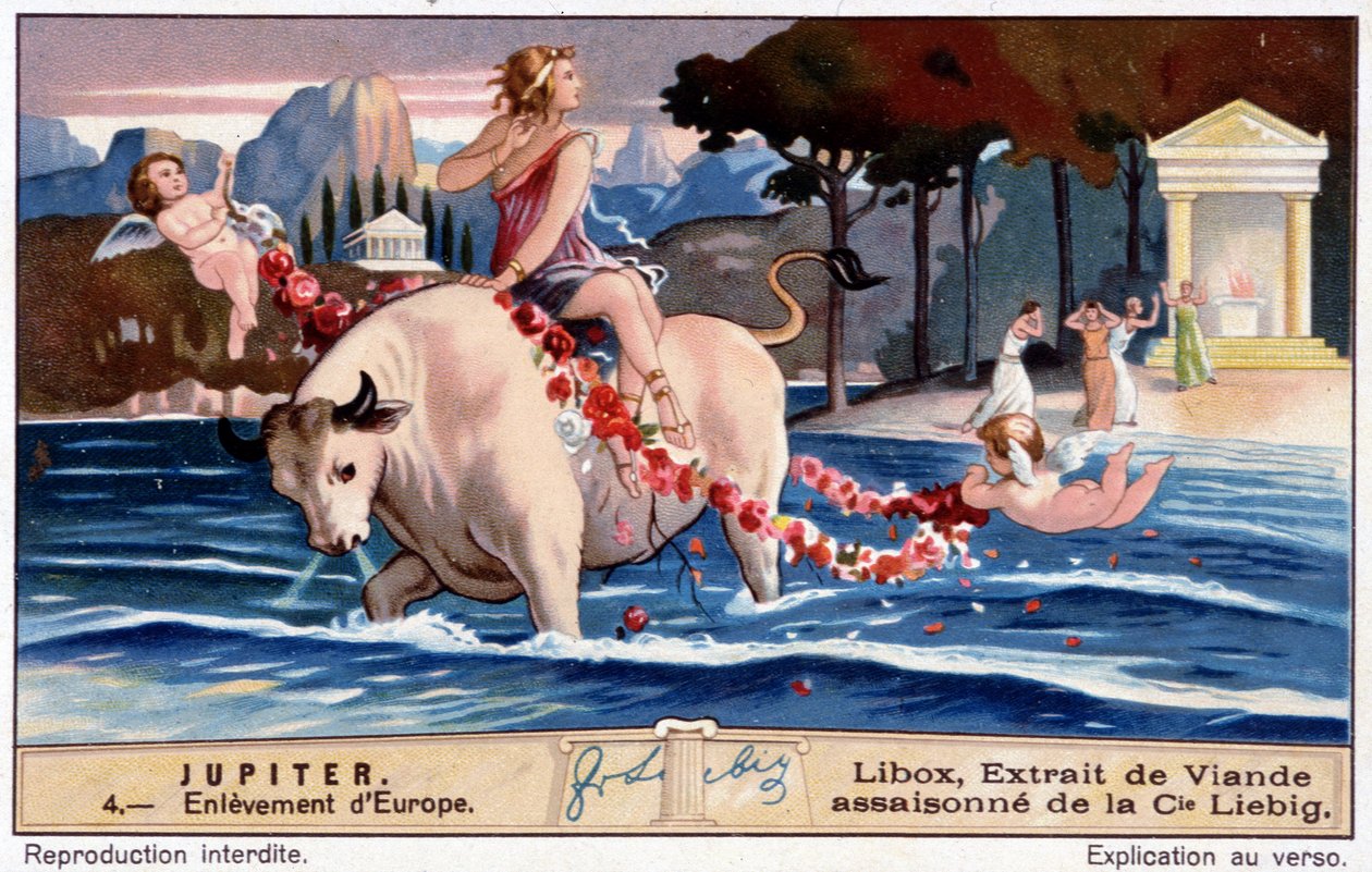 اختطاف كوكب المشتري لأوروبا ، يشبه الثور الأبيض - Libox chromolithography ، أنتج Liebig بواسطة فنان غير معروف