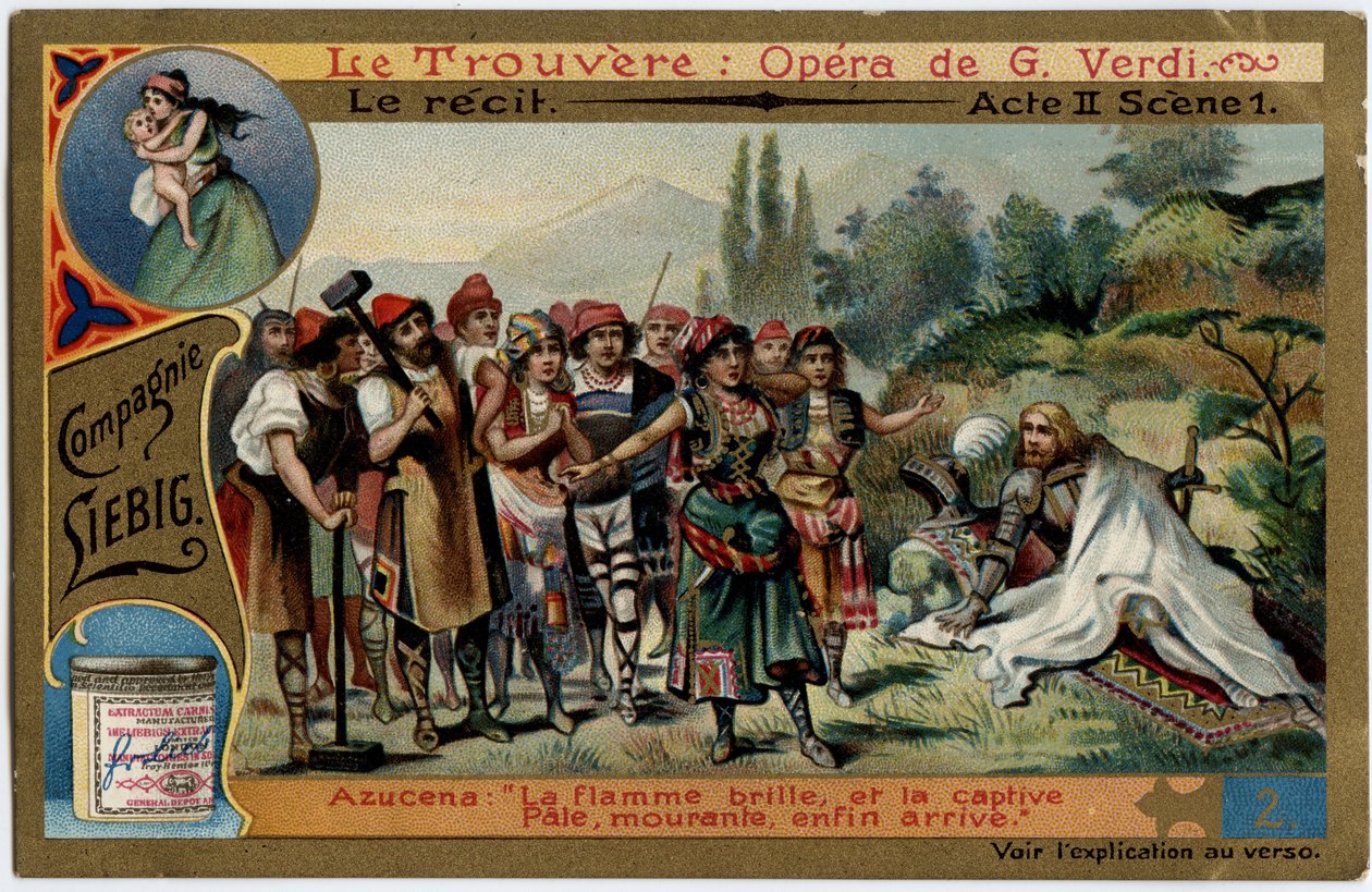 الفصل الثاني المشهد 1. رسم توضيحي لأوبرا "البحث" (Il trovatore) لجوزيبي فيردي (1813-1901). Chromolithography (Chromo) Liebig من نهاية القرن التاسع عشر. بواسطة فنان غير معروف