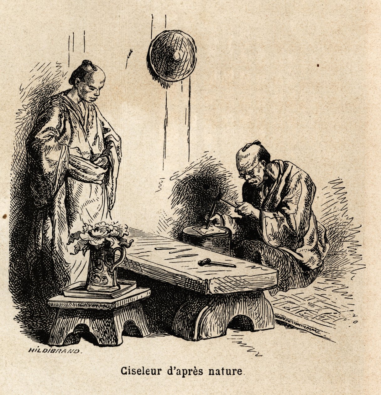 إزميل ما بعد الطبيعة. نقش لتوضيح الرحلة إلى اليابان في 1863-1864 ، بقلم آيم هامبرت ، وزير الاتحاد السويسري ، في "Le Tour du monde ، nouveau journal des voyages" ، المنشور تحت إشراف إدوارد شارتون بواسطة فنان غير معروف