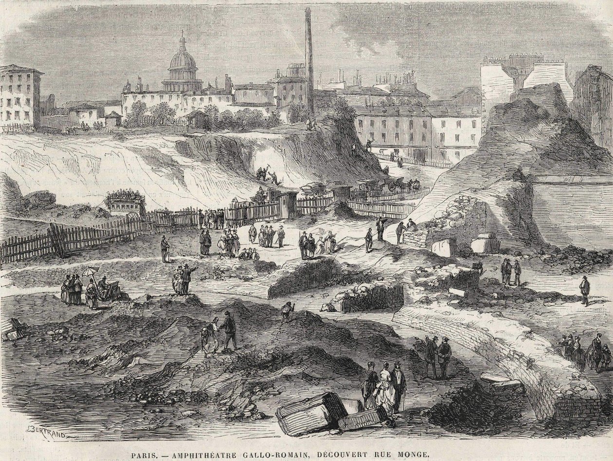 اكتشف المدرج جالو رومان في شارع مونج في باريس عام 1870 ، اليوم Arenes de Lutèce. نقش القرن التاسع عشر. بواسطة فنان غير معروف