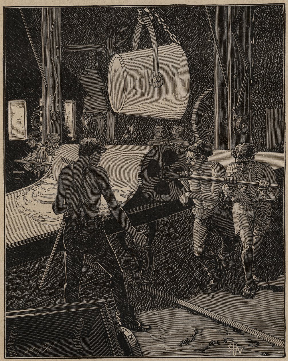 فن الزجاج: صنع الآيس كريم. الخطوة تسمى "التدفق الكبير". نقش من عام 1885 في "" Les Arts et metiers Illustres "" لأدولف بيتارد. بواسطة فنان غير معروف