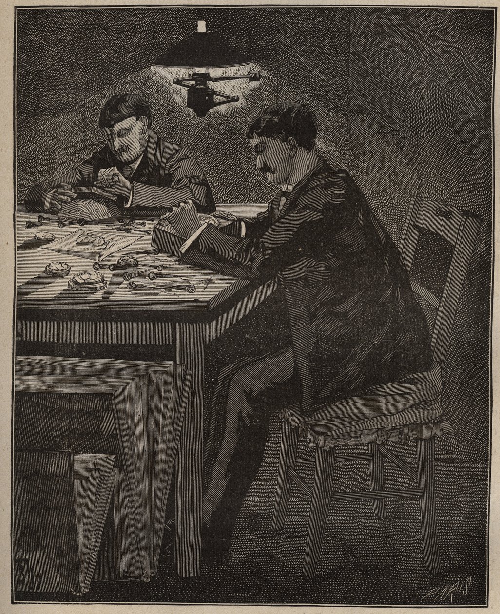 فن الجواهري: نقش الصدفة (الصدفة). نقش من عام 1885 في "" Les Arts et metiers Illustres "" لأدولف بيتارد. بواسطة فنان غير معروف