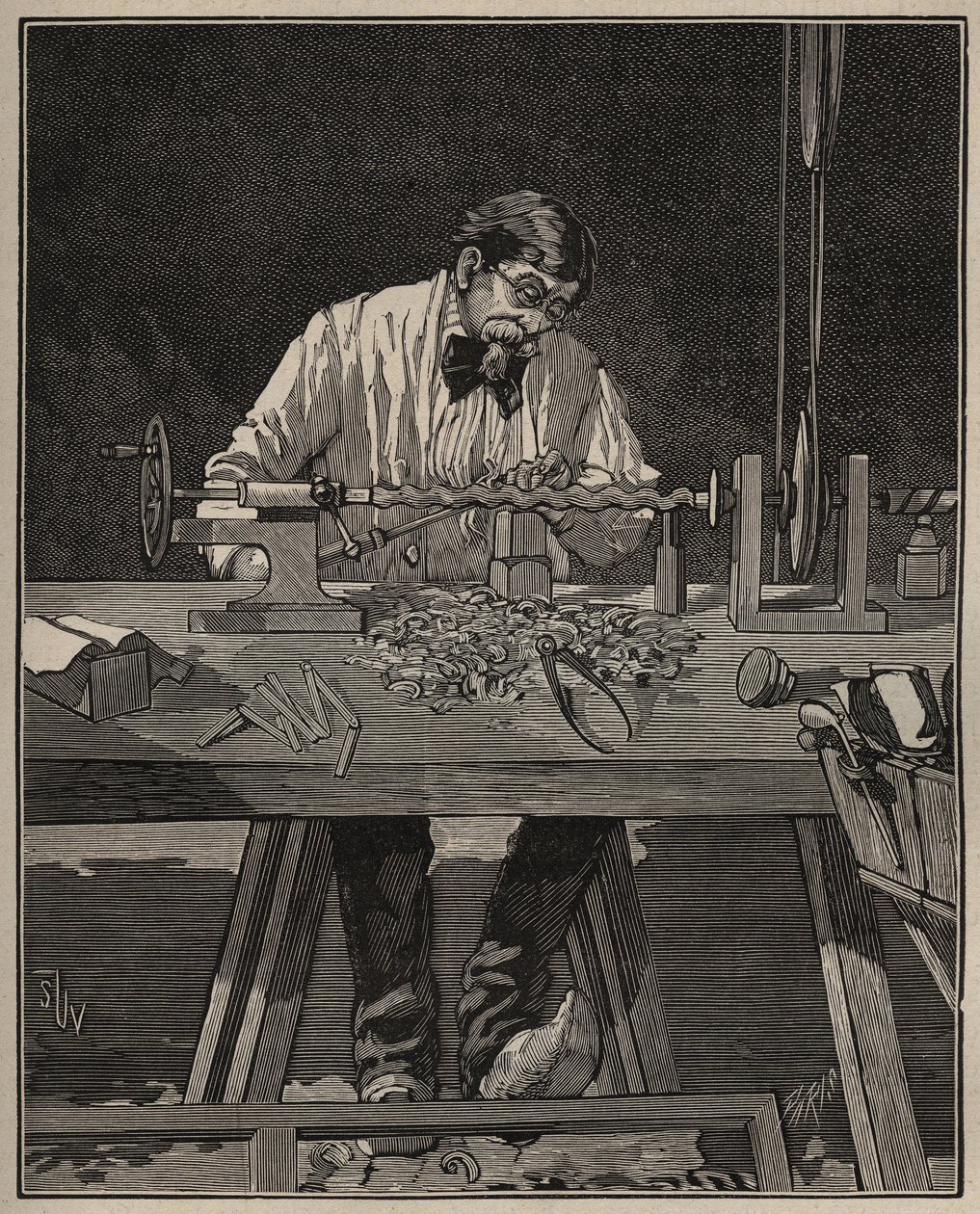 فن المخرطة: تشكيل عمود الجذع. نقش من عام 1885 في "" Les Arts et metiers Illustres "" لأدولف بيتارد. بواسطة فنان غير معروف