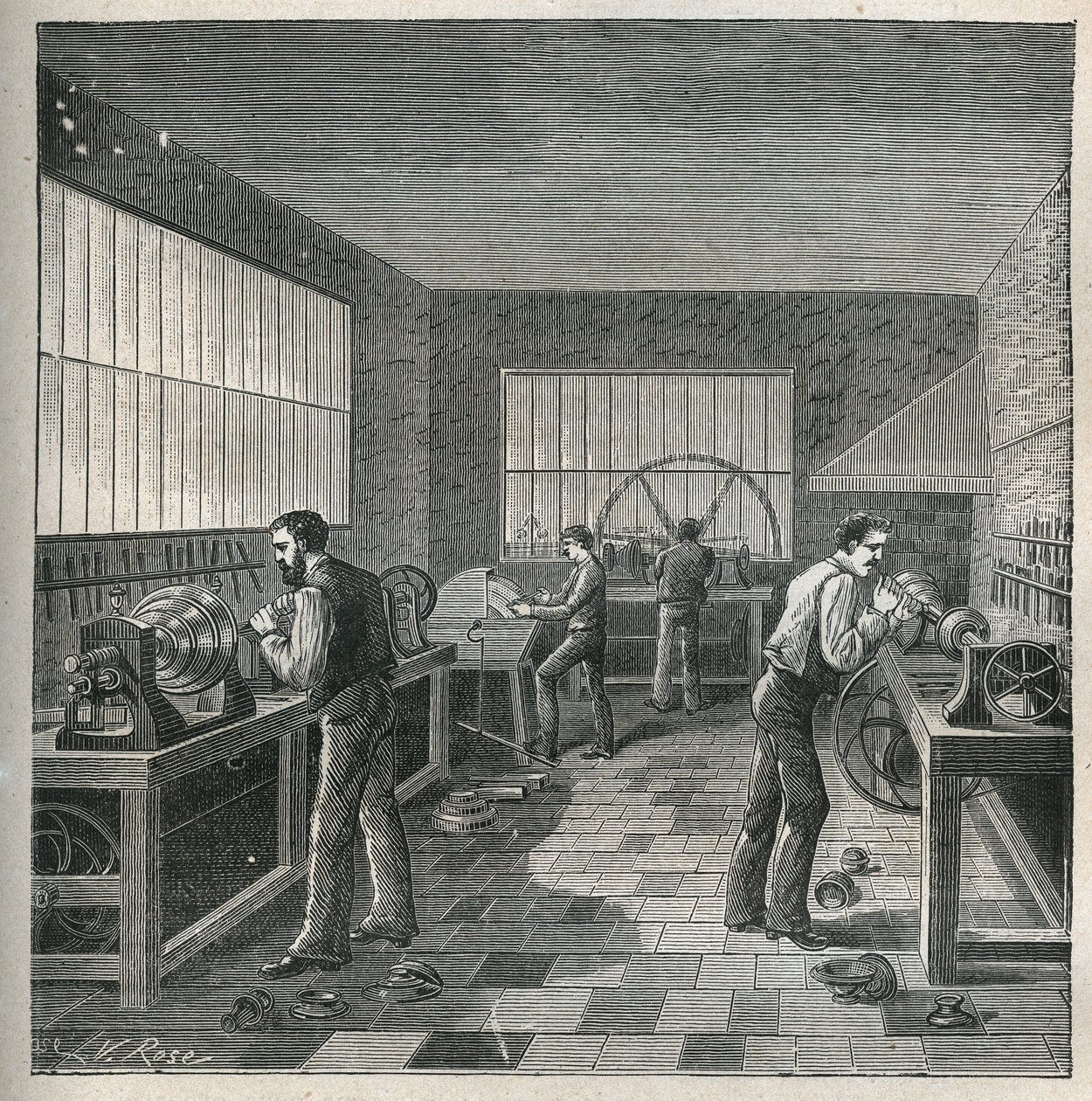 فن المخرطة: الأشغال المعدنية في ورشة الخراطة - مبيد الحشرات. نقش من عام 1885 في "" Les Arts et metiers Illustres "" لأدولف بيتارد. بواسطة فنان غير معروف