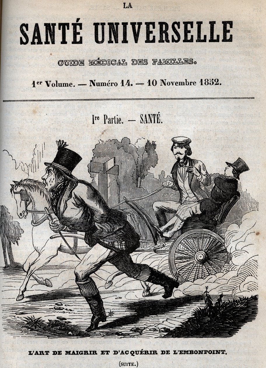 فن فقدان الوزن وزيادة الوزن: رجل يمشي بينما يتم نقل آخر في عربة - نقش في "La Sante Universelle - Guide Medical des Familles" "1852 بواسطة فنان غير معروف