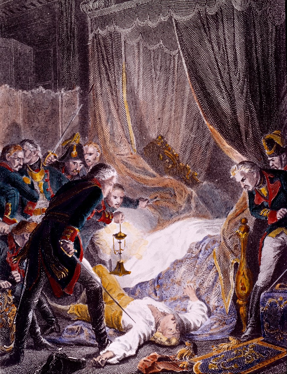 اغتيال بول بتروفيتش (1754-1801) القيصر الروسي في غرفته بقصر سان ميخائيل بعد إجباره على التوقيع على تنازله عن العرش. نقش حوالي عام 1801. مجموعة خاصة بواسطة فنان غير معروف