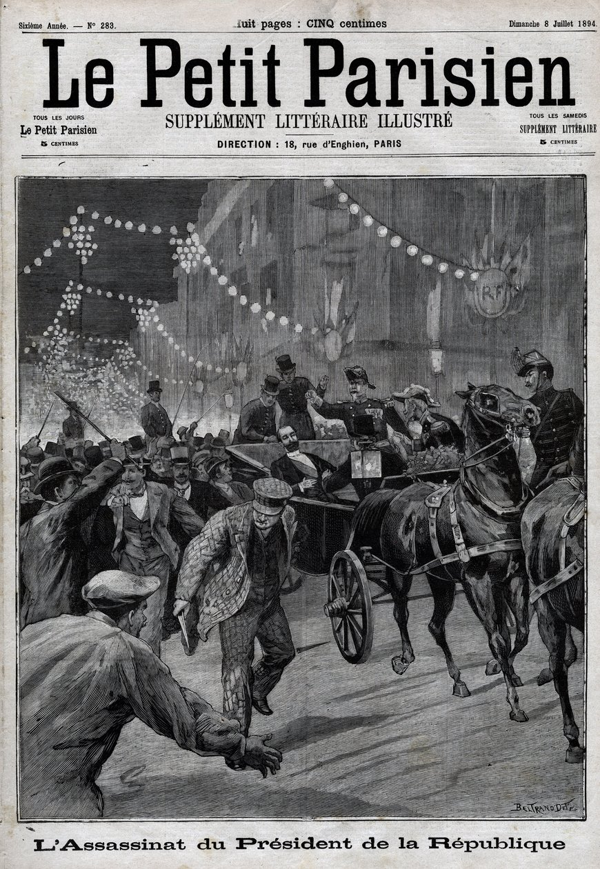 اغتيال رئيس الجمهورية سادي كارنو (1837-1894) على يد الأناركي الإيطالي سانتي كاسيريو في 24 يونيو بواسطة فنان غير معروف
