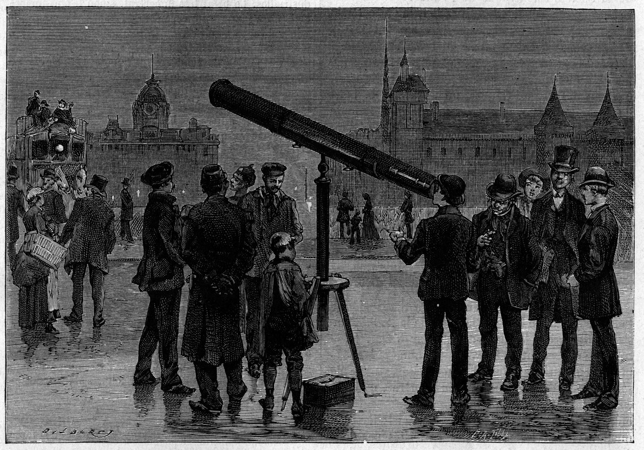 عالم الفلك وحافته الفلكية في Place du Chatelet ، في باريس ، في وقت رصد كوكب الزهرة ، في فبراير 1889. نقش في "" La Nature. Revue des sciences et de ses applications aux Arts et a l'industrie " بواسطة فنان غير معروف