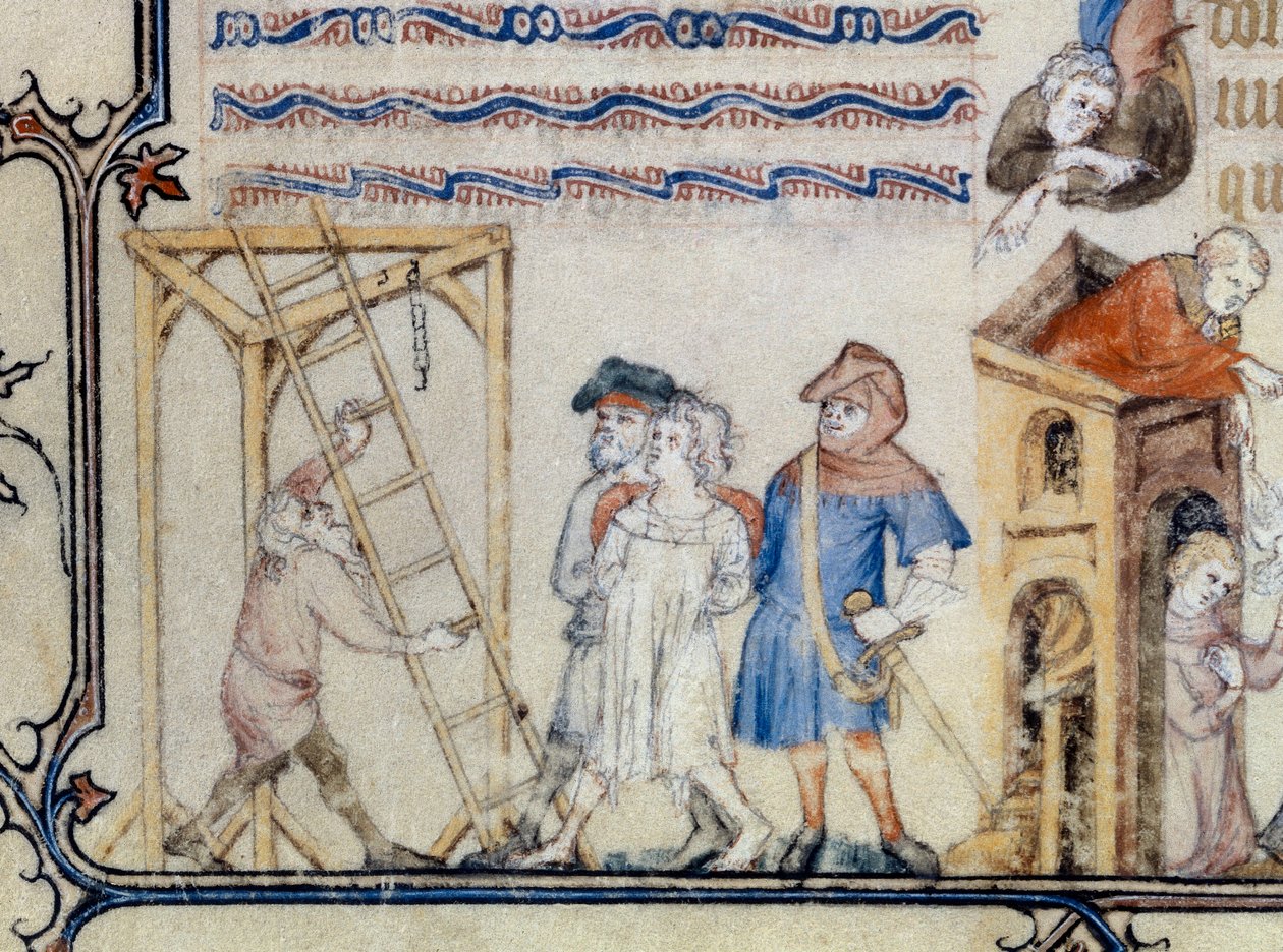 "أغنية المشنوق". منمنمة توضح قصيدة فرانسوا دي مونكوربييه دي فيلون (1431 / 1432-1463). القرن الخامس عشر (مصغر) بواسطة فنان غير معروف