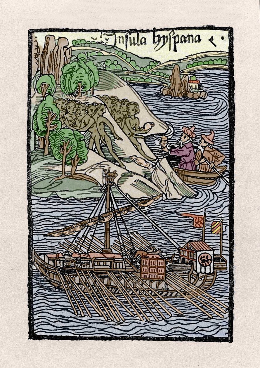 النباح في هيسبانيولا لكريستوفر كولومبوس (1451-1506). نقش من "" De insulis in mare Indico super Inventis "" ، بايل 1493-1494 (الترجمة اللاتينية لتقرير كولومبوس إلى ملك إسبانيا). بواسطة فنان غير معروف