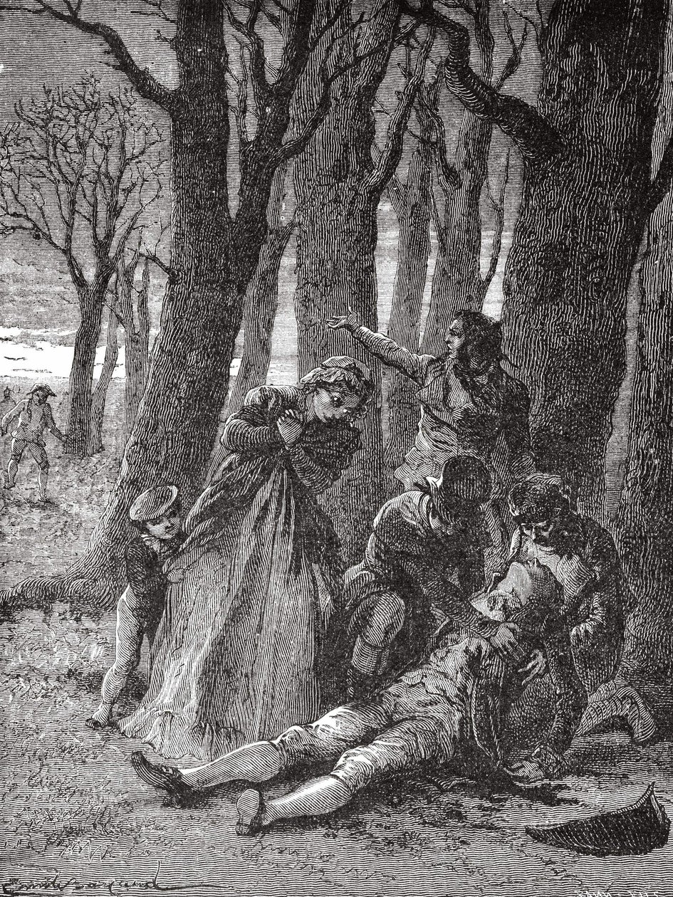 تم رفع جثة فيليب ليبون (1769 - 1804) ، المثقوبة بثلاث عشرة طعنة في الشانزليزيه ، في صباح يوم 3 ديسمبر 1804 - في ألبوم "Album de la Science؛ علماء لامعون الاكتشافات الكبرى ”” “1896. بواسطة فنان غير معروف