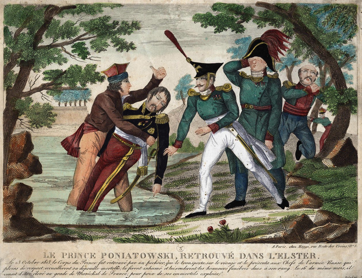 تم العثور على جثة الأمير جوزيف (جوزيف) أنتوني بوناتوفسكي (فعل عام 1763) في نهر إيلستر في 23 أكتوبر 1813 ، نقشًا للوقت بواسطة فنان غير معروف
