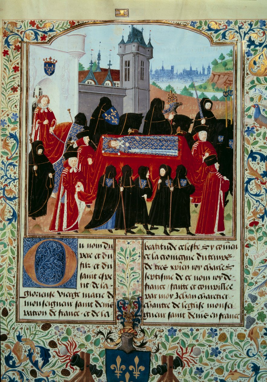 نُقل جثمان الملك الراحل شارل السادس (1368-1422) بعيدًا ، خلف موكب الملك الجديد تشارلز السابع (1403-1461) والمنمنمة 22/10/1422 من مخطوطة "سجلات تشارلز السابع" "(السيدة. 2691) جان شارتييه بواسطة فنان غير معروف