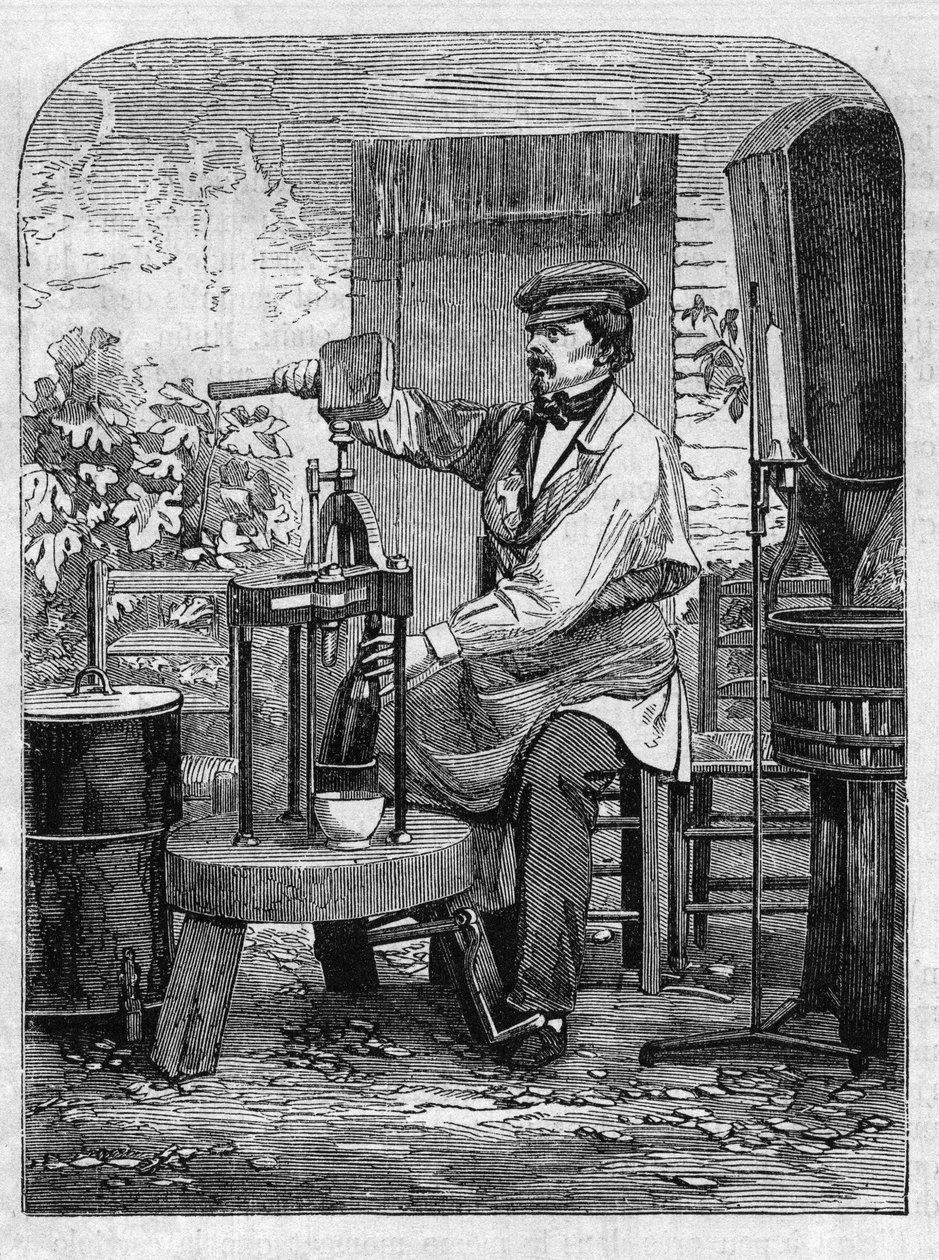 تعبئة نبيذ الشمبانيا في زجاجات. نقش من عام 1864. بواسطة فنان غير معروف